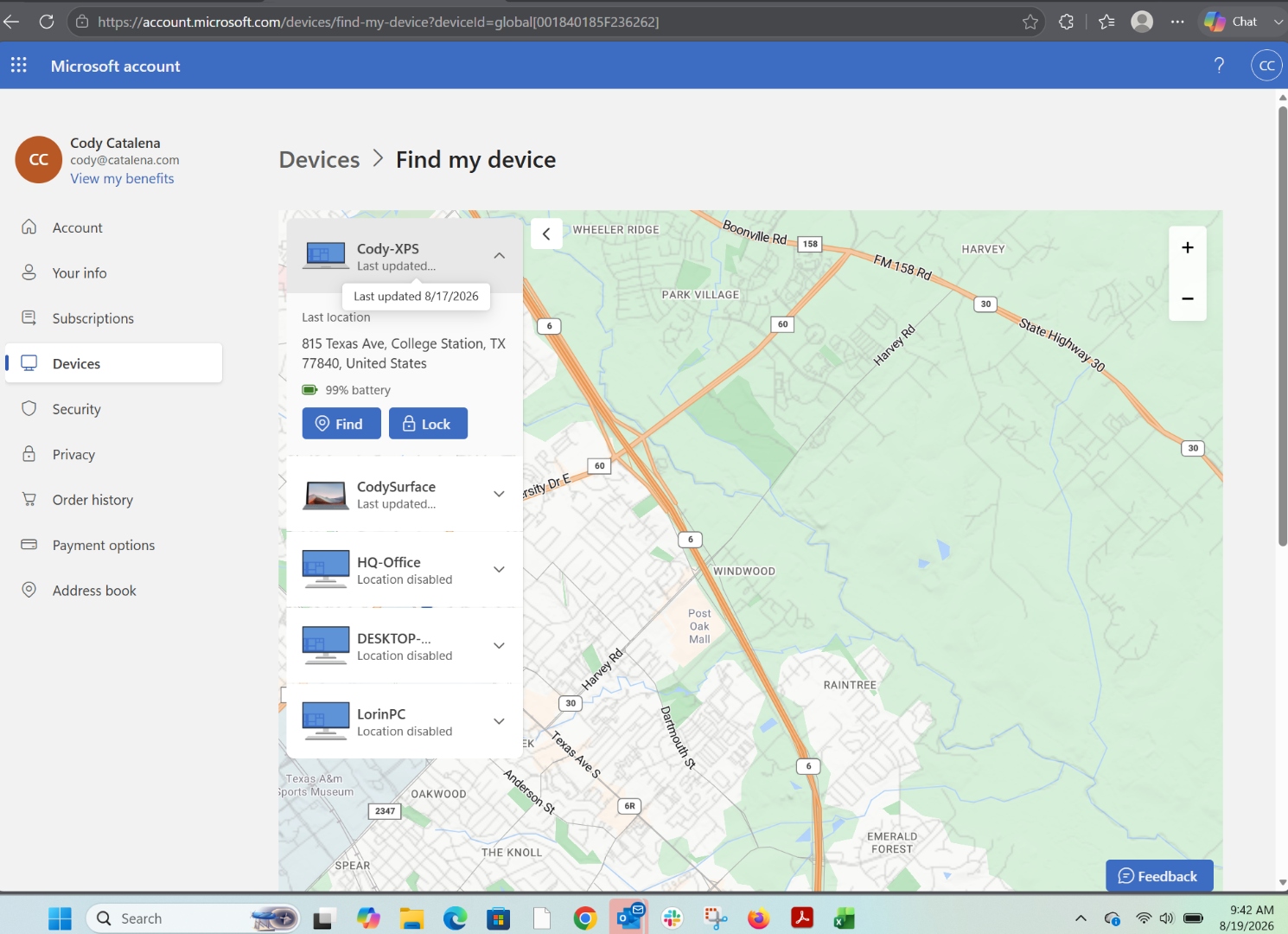 Microsoft Find my device showing Cody-XPS with address 815 Texas Ave, College Station, TX, last updated 8/17/2026, and a map pin that does not correspond to that address